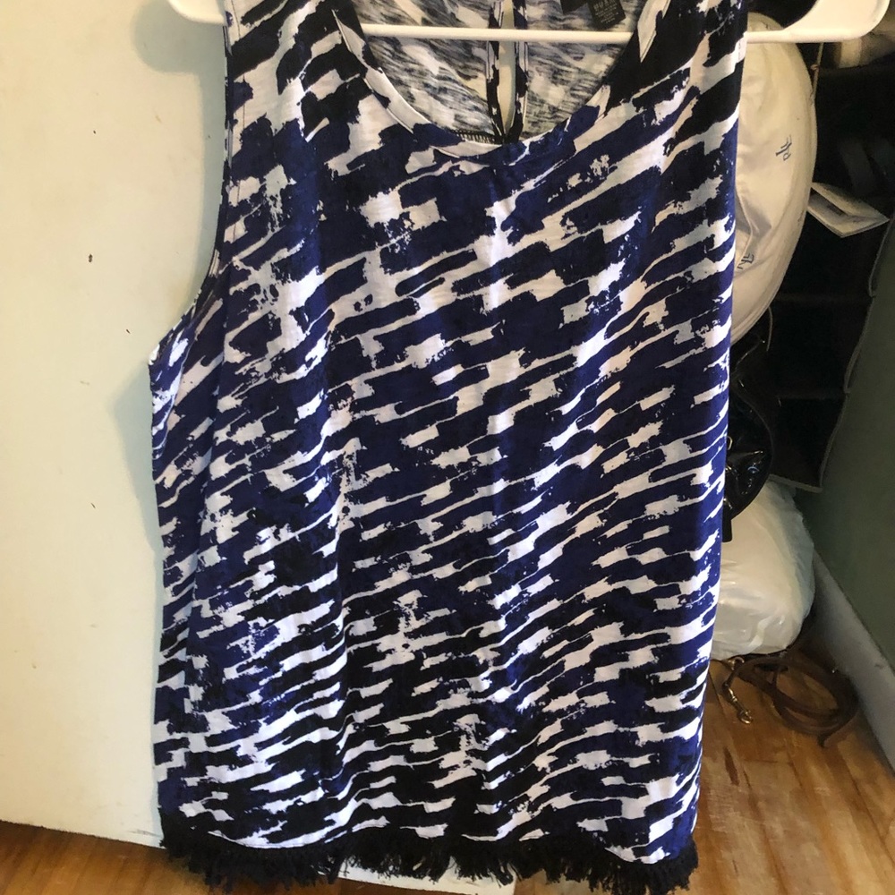 Blue & white sleeveless cotton top fringe bottom